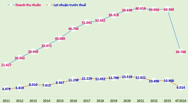 Biểu đồ: Doanh thu thuần v&agrave; lợi nhuận trước thuế (tỷ đồng) giai đoạn 2011-2023 v&agrave; 6 th&aacute;ng đầu năm 2024.
