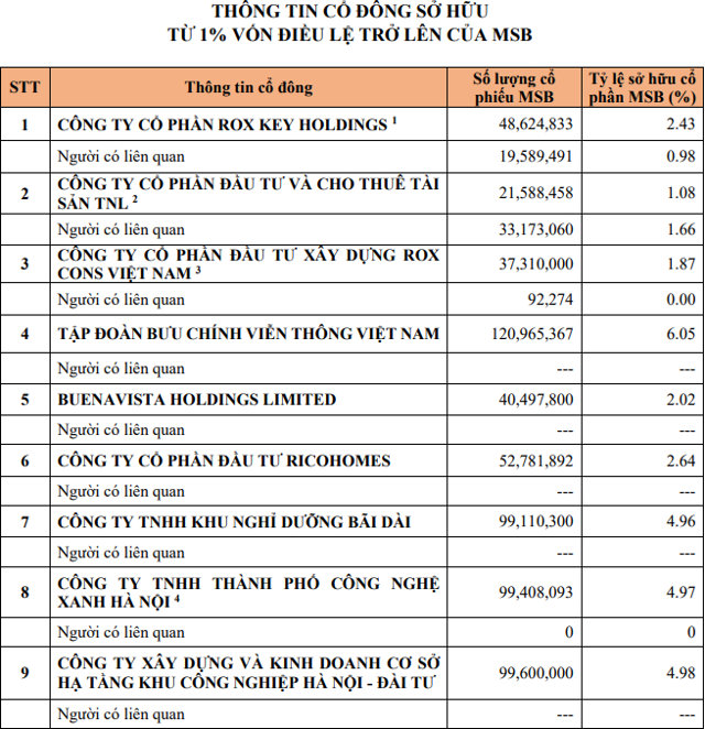 Danh s&aacute;ch cổ đ&ocirc;ng nắm giữ hơn 1% vốn của MSB.