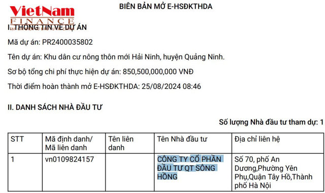 C&ocirc;ng ty Cổ phần Đầu tư QT S&ocirc;ng Hồng doanh nghiệp duy nhất đăng k&yacute; thực hiện dự &aacute;n