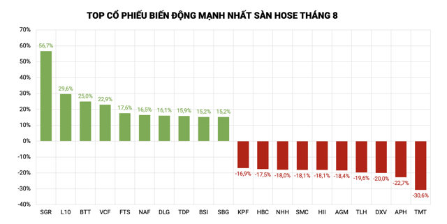 Top cổ phiếu tăng/giảm mạnh nhất s&agrave;n HoSE th&aacute;ng 8