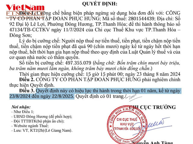 Phục Hưng Corp nợ thuế, bị cưỡng chế ngừng dụng hoá đơn - Ảnh 1