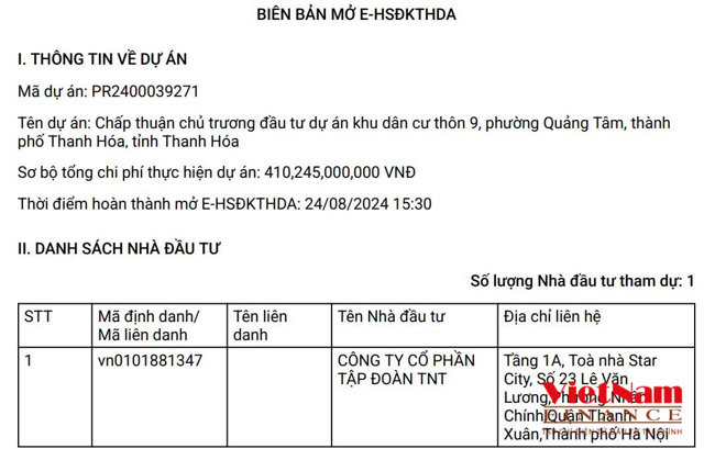 C&ocirc;ng ty Cổ phần Tập đo&agrave;n TNT nh&agrave; đầu tư duy nhất đăng k&yacute; thực hiện dự &aacute;n.