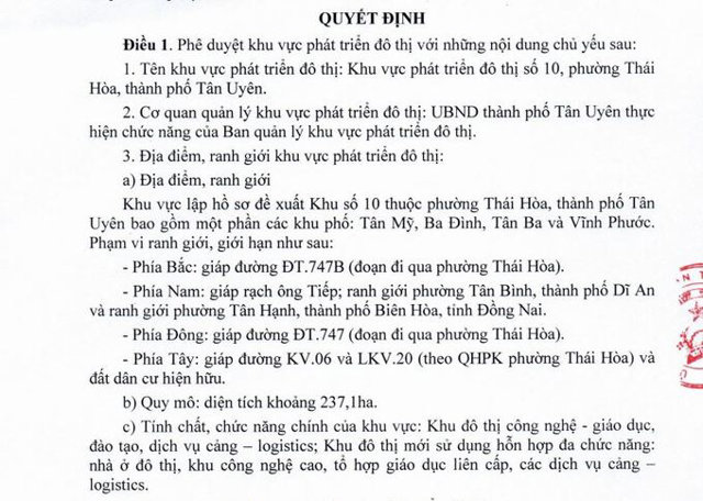 Quyết định số 2431/QĐ-UBND ph&ecirc; duyệt khu vực ph&aacute;t triển&nbsp;đ&ocirc; thị&nbsp;số 10. Nguồn: UBND tỉnh B&igrave;nh Dương