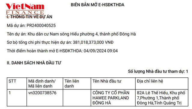 C&ocirc;ng ty CP HAWEE PARKLAND Đ&ocirc;ng H&agrave; doanh nghiệp duy nhất đăng k&yacute; thực hiện dự &aacute;n Khu d&acirc;n cư&nbsp;Nam s&ocirc;ng Hiếu.