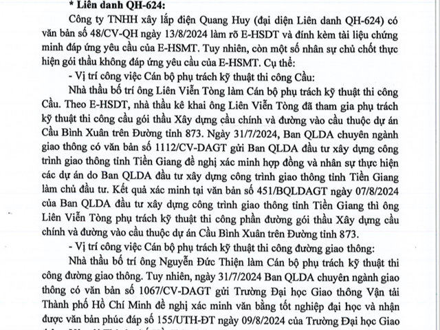 Li&ecirc;n danh QH-624 c&oacute; một số nh&acirc;n sự chủ chốt thực hiện g&oacute;i thầu kh&ocirc;ng đ&aacute;p ứng y&ecirc;u cầu của E-HSMT