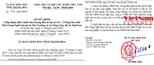 Tổ hợp h&oacute;a chất Đức Giang Nghi Sơn, do C&ocirc;ng ty TNHH MTV Đức Giang - Nghi Sơn thuộc C&ocirc;ng ty CP Tập đo&agrave;n H&oacute;a chất Đức Giang (m&atilde; chứng kho&aacute;n DGC) l&agrave;m chủ đầu tư, c&oacute; diện t&iacute;ch đất sử dụng khoảng 30 ha, quy m&ocirc; 136.000 tấn h&oacute;a chất/năm, tổng vốn đầu tư giai đoạn 1 l&agrave; 2.400 tỷ đồng theo giấy ph&eacute;p chấp thuận chủ trương ban đầu. Dự &aacute;n được ph&acirc;n kỳ đầu tư l&agrave;m 3 giai đoạn với tổng mức đầu tư l&ecirc;n đến 12.000 tỷ đồng.