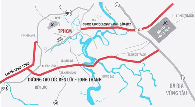 Vị tr&iacute; tuyến cao tốc Bến Lức - Long Th&agrave;nh với c&aacute;c tuyến cao tốc huyết mạch kh&aacute;c. Ảnh: Internet