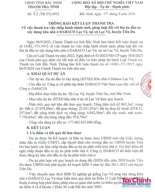 Th&ocirc;ng b&aacute;o kết luận thanh tra về việc chấp h&agrave;nh ch&iacute;nh s&aacute;ch, ph&aacute;p luật đối với dự &aacute;n Khu nh&agrave; ở Dabaco Lạc Vệ do Tập đo&agrave;n Dabaco l&agrave;m chủ đầu tư. &nbsp;