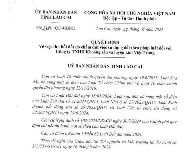 L&agrave;o Cai thu hồi tr&ecirc;n 460 ha đất của C&ocirc;ng ty TNHH Kho&aacute;ng sản v&agrave; Luyện kim Việt Trung.