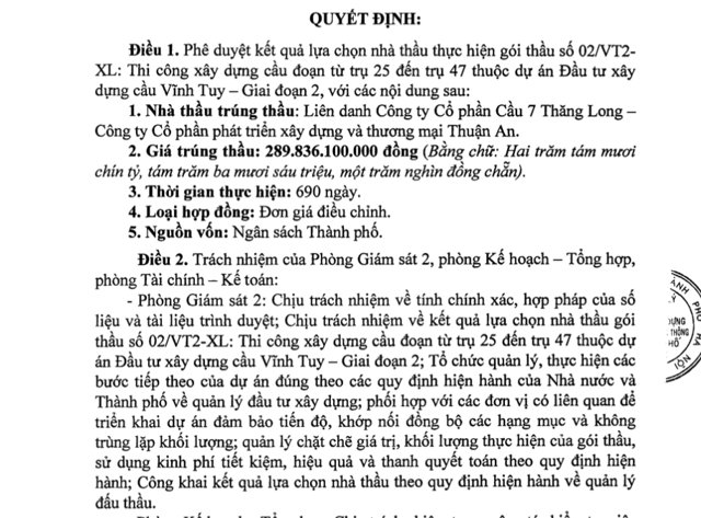 Li&ecirc;n danh Cầu 7 Thăng Long &ndash; CTCP Ph&aacute;t triển x&acirc;y dựng v&agrave; thương mại Thuận An tr&uacute;ng g&oacute;i thầu Thi c&ocirc;ng x&acirc;y dựng cầu đoạn từ trụ 25 đến trụ 47 thuộc dự &aacute;n Đầu tư x&acirc;y dựng cầu Vĩnh Tuy- giai đoạn 2 do Ban QLDA Đầu tư x&acirc;y dựng c&ocirc;ng tr&igrave;nh giao th&ocirc;ng th&agrave;nh phố H&agrave; Nội l&agrave;m chủ đầu tư với gi&aacute; tr&uacute;ng thầu hơn 289,8 tỷ đồng. &nbsp;