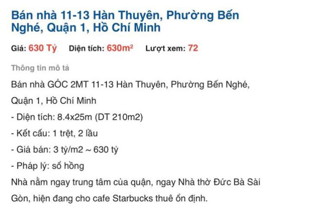 Chủ khu "đất v&agrave;ng" tại 11-13 H&agrave;n Thuy&ecirc;n, quận 1, TP. HCM đang rao b&aacute;n với gi&aacute; gần 630 tỷ đồng. Ảnh chụp m&agrave;n h&igrave;nh