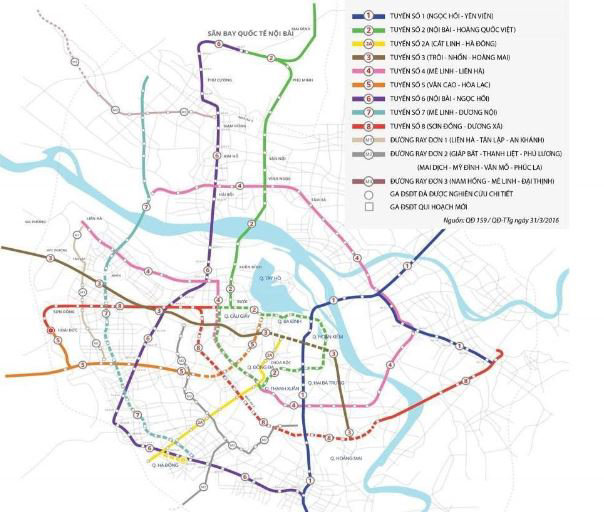 Sơ đồ c&aacute;c tuyến đường sắt đ&ocirc; thị tại H&agrave; Nội. Ảnh chụp m&agrave;n h&igrave;nh