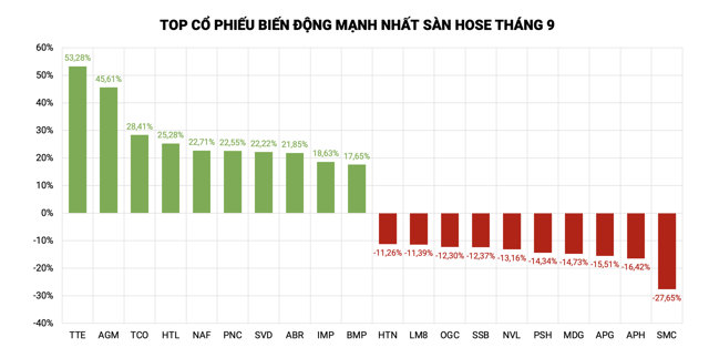 Top cổ phiếu biến động mạnh nhất s&agrave;n HoSE th&aacute;ng 9 &nbsp;