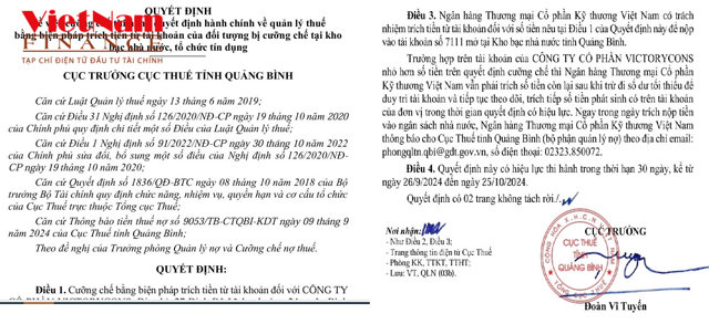 Quyết định cưỡng chế thuế đối với&nbsp;C&ocirc;ng Ty Cổ Phần VictoryCons. &nbsp;