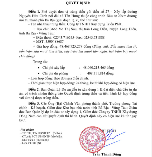 C&ocirc;ng ty Triều Ph&aacute;t tr&uacute;ng G&oacute;i thầu số 18 X&acirc;y lắp với gi&aacute; hơn 48,46 tỷ đồng, gi&aacute; g&oacute;i thầu hơn 48,71 tỷ đồng; tương ứng tỷ lệ tiết kiệm 0,5%