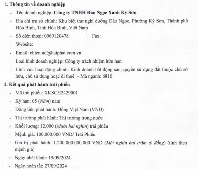 Nợ thuế gần ngh&igrave;n tỷ, C&ocirc;ng ty Đảo Ngọc Xanh Kỳ Sơn vẫn ph&aacute;t h&agrave;nh th&agrave;nh c&ocirc;ng 1.200 tỷ đồng tr&aacute;i phiếu.