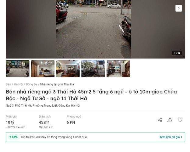 Một căn nh&agrave; ri&ecirc;ng 5 tầng tại ng&otilde; 3, phố Th&aacute;i H&agrave;, Đống Đa đang được rao b&aacute;n với gi&aacute; 10 tỷ đồng.