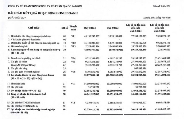 Tr&iacute;ch: B&aacute;o c&aacute;o t&agrave;i ch&iacute;nh qu&yacute; III/2024 của Tổng CTCP Địa ốc S&agrave;i G&ograve;n - Saigonres