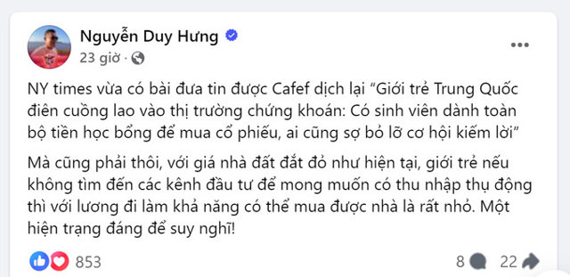 Ảnh chụp m&agrave;n h&igrave;nh Facebook chia sẻ của &ocirc;ng Nguyễn Duy Hưng. &nbsp;