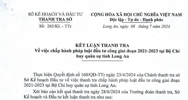 B&aacute;o c&aacute;o kết luận thanh tra của Sở Kế hoạch v&agrave; Đầu tư tỉnh Long An.