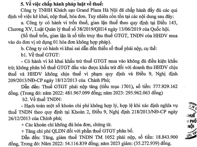 C&ocirc;ng ty TNHH kh&aacute;ch sạn Grand Plaza H&agrave; Nội c&oacute; h&agrave;nh vi trốn thuế.