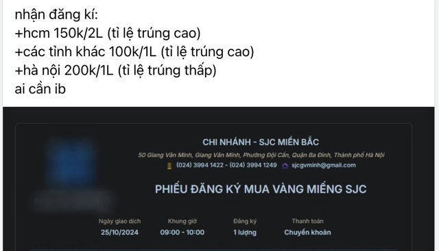 "Bảng gi&aacute;" cho dịch vụ nhận đăng k&yacute; mua v&agrave;ng online tr&ecirc;n một nh&oacute;m Facebook.