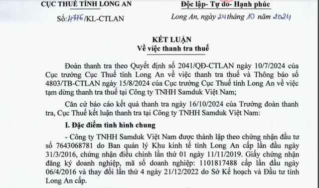 Kết luận về việc thanh tra thuế tại C&ocirc;ng ty TNHH Samduk Việt Nam. &nbsp;