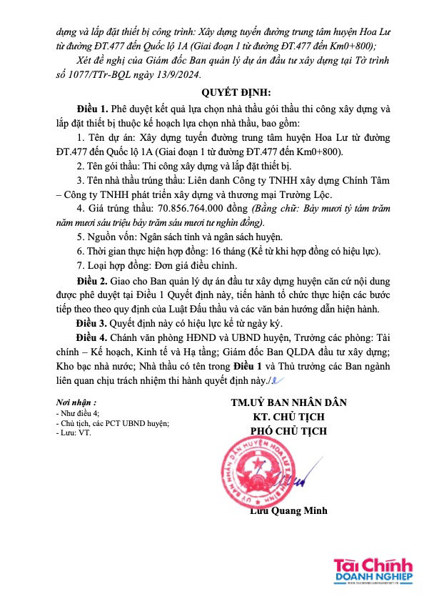 Li&ecirc;n danh C&ocirc;ng ty TNHH X&acirc;y dựng Ch&iacute;nh T&acirc;m &ndash; C&ocirc;ng ty TNHH Ph&aacute;t triển x&acirc;y dựng v&agrave; thương mại Trường Lộc cũng tr&uacute;ng g&oacute;i thầu trị gi&aacute; hơn 70 tỷ đồng do BQLDA huyện Hoa Lư l&agrave;m chủ đầu tư.