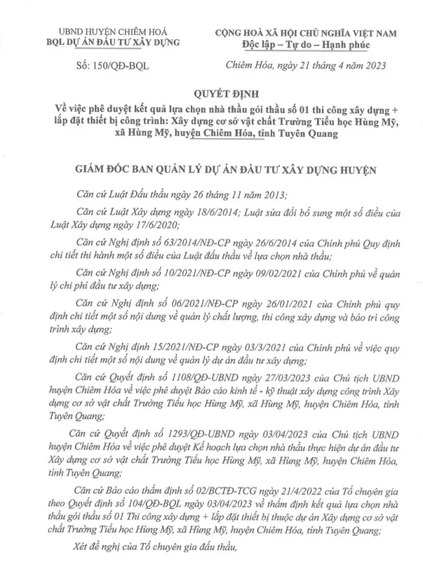 Quyết đinh ph&ecirc; duyệt G&oacute;i thầu số 01: Thi c&ocirc;ng x&acirc;y dựng + thiết bị thuộc dự &aacute;n X&acirc;y dựng cơ sở vật chất Trường Tiểu học H&ugrave;ng Mỹ, x&atilde; H&ugrave;ng Mỹ, huyện Chi&ecirc;m Ho&aacute;, tỉnh Tuy&ecirc;n Quang.