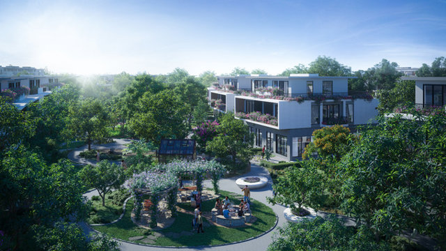 Mặt sau mỗi căn biệt thự l&agrave; nơi &ocirc;ng b&agrave;, cha mẹ c&oacute; thể thư th&aacute;i uống tr&agrave;, con nhỏ được thỏa sức n&ocirc; đ&ugrave;a nơi b&atilde;i cỏ.