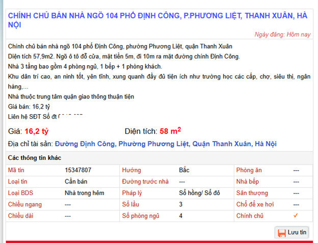 Một căn nh&agrave; 58m2 trong ng&otilde; phố Định C&ocirc;ng (H&agrave; Nội) đang được rao b&aacute;n với gi&aacute; 16,2 tỷ (tương đương hơn 279 triệu đồng/m2).