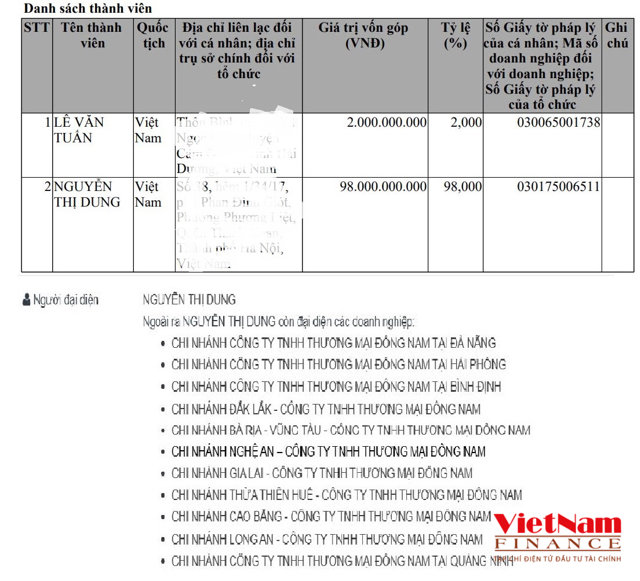 Cổ đ&ocirc;ng g&oacute;p vốn v&agrave; "hệ sinh th&aacute;i" C&ocirc;ng ty TNHH thương mại Đ&ocirc;ng Nam...