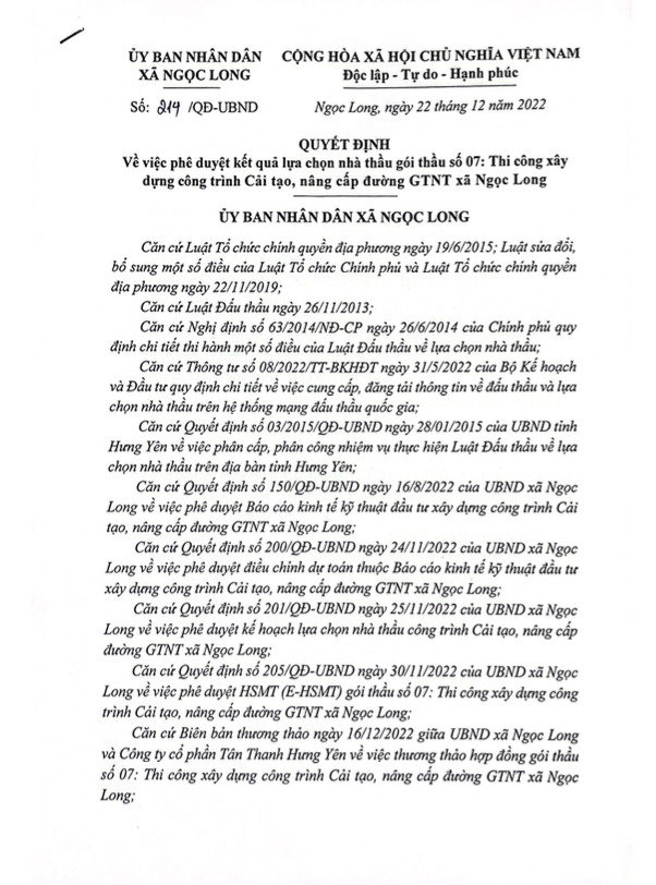 Quyết định ph&ecirc; duyệt g&oacute;i thầu số 07: Thi c&ocirc;ng x&acirc;y dựng c&ocirc;ng tr&igrave;nh thuộc dự &aacute;n Cải tạo, n&acirc;ng cấp đường GTNT x&atilde; Ngọc Long.