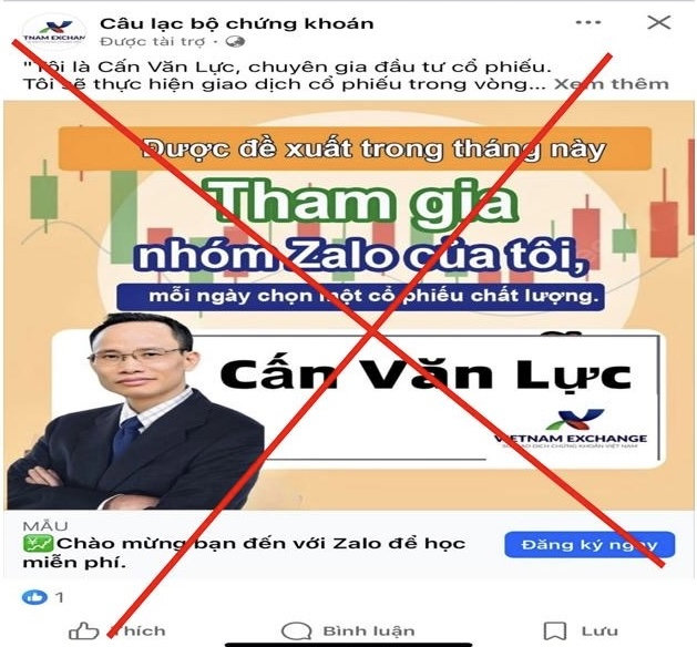 H&igrave;nh ảnh của TS Cấn Văn Lực được sử dụng để mời gọi nh&agrave; đầu tư tham gia nh&oacute;m Zalo, c&ugrave;ng với đ&oacute; l&agrave; logo của Sở Giao dịch Chứng kho&aacute;n Việt Nam (VNX)