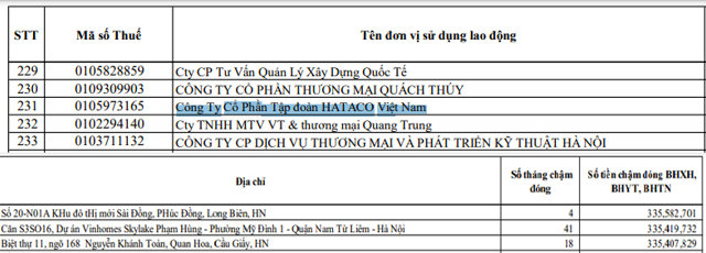 C&ocirc;ng ty cổ phần Tập đo&agrave;n Hataco Việt Nam bị b&ecirc;u t&ecirc;n chậm đ&oacute;ng BHXH&nbsp;