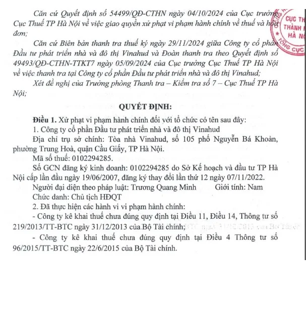 Vinahud bị phạt v&agrave; truy thu thuế hơn 1,5 tỷ đồng. &nbsp;