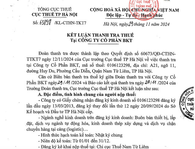 Kết luận thanh tra&nbsp; thuế tại&nbsp;C&ocirc;ng ty cổ phần BKT