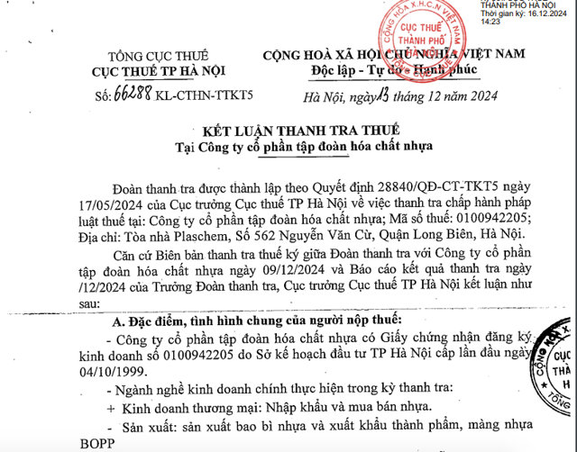 Kết luận thanh tra về thuế đối&nbsp; với C&ocirc;ng ty cổ phần Tập đo&agrave;n ho&aacute; chất Nhựa