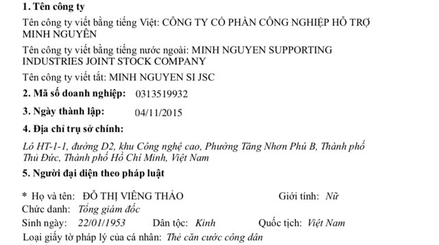 Người đại diện theo ph&aacute;p luật của c&ocirc;ng ty được chuyển sang b&agrave; Đỗ Thị Vi&ecirc;ng Thảo, chức vụ Chủ tịch HĐQT