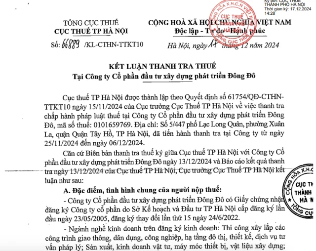 Kết luận thanh tra thuế tại C&ocirc;ng ty cổ phần Đầu tư x&acirc;y dựng ph&aacute;t triển Đ&ocirc;ng Đ&ocirc;