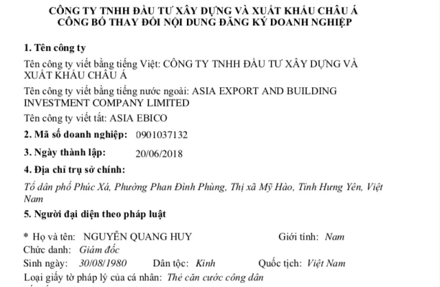 Nguyễn Quang Huy c&ograve;n l&agrave; người đại diện theo ph&aacute;p luật của C&ocirc;ng ty TNHH Đầu tư x&acirc;y dựng v&agrave; xuất khẩu Ch&acirc;u &Aacute;