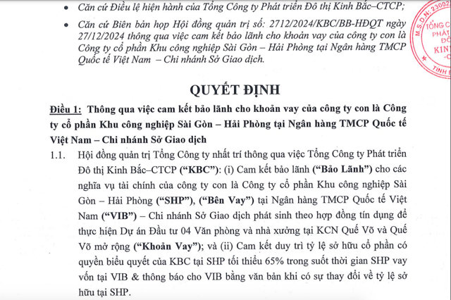 Tổng c&ocirc;ng ty Kinh Bắc&nbsp;th&ocirc;ng qua việc cam kết bảo l&atilde;nh cho khoản vay của c&ocirc;ng ty con l&agrave; C&ocirc;ng ty cổ phần Khu c&ocirc;ng nghiệp S&agrave;i G&ograve;n &ndash; Hải Ph&ograve;ng