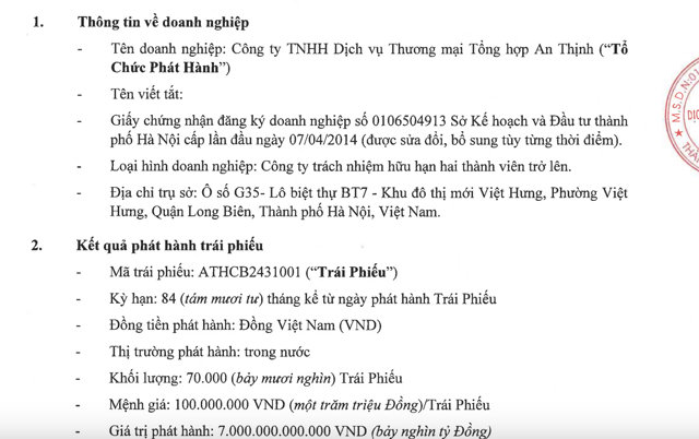 Kết quả ph&aacute;t h&agrave;nh tr&aacute;i phiếu của C&ocirc;ng ty TNHH Dịch vụ Thương mại Tổng hợp An Thịnh. &nbsp;