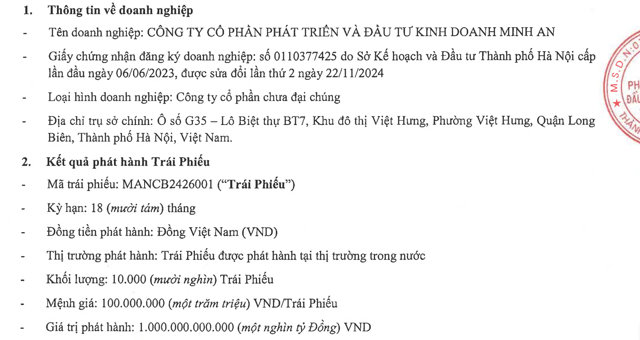 Kết quả ph&aacute;t h&agrave;nh tr&aacute;i phiếu của C&ocirc;ng ty cổ phần ph&aacute;t triển v&agrave; Đầu tư Kinh doanh Minh An &nbsp;