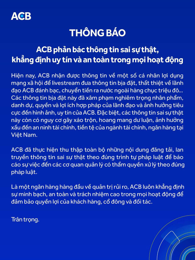 Ng&acirc;n h&agrave;ng ACB l&ecirc;n tiếng b&aacute;c bỏ tin đồn.