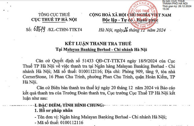 Kết luận thanh tra thuế về Ng&acirc;n h&agrave;ng Malayan Banking Berhad.