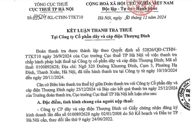 kết luận thanh tra thuế tại C&ocirc;ng ty Cổ phần D&acirc;y v&agrave; C&aacute;p điện Thượng Đ&igrave;nh.&nbsp;