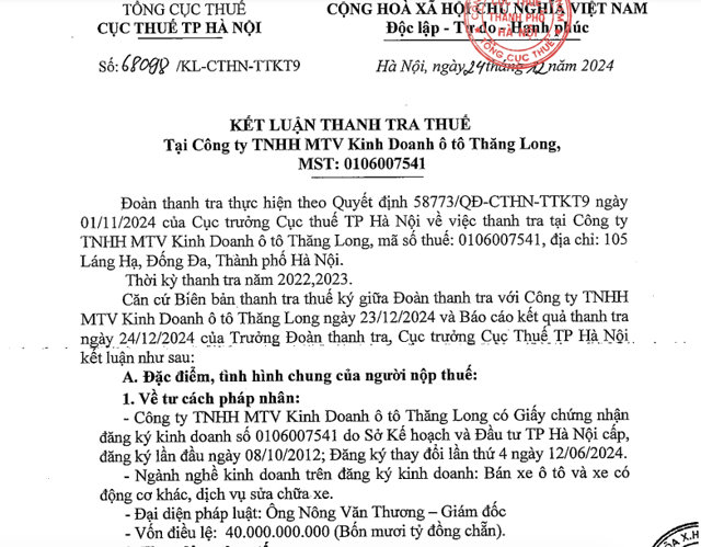 Kết luận về thanh tra thuế tại C&ocirc;ng ty TNHH MTV Kinh doanh &ocirc; t&ocirc; Thăng Long