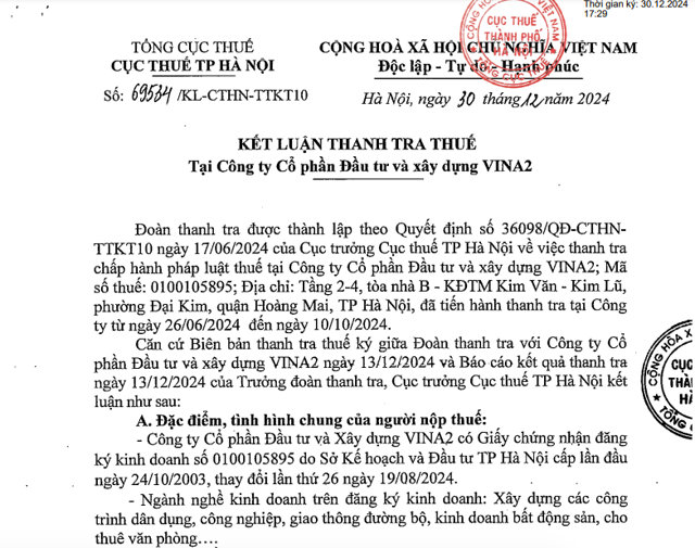 Cục thuế TP H&agrave; Nội vừa c&ocirc;ng khai kết luận thanh tra thuế đối với C&ocirc;ng ty cổ phần Đầu tư v&agrave; x&acirc;y dựng VINA2&nbsp;