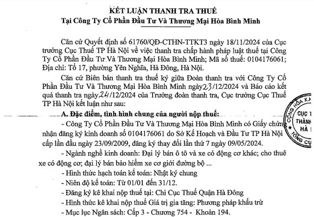 Cục thuế TP H&agrave; Nội c&ocirc;ng khai kết luận thanh tra thuế tại C&ocirc;ng ty cổ phần Đầu tư v&agrave; thương mại Ho&agrave; B&igrave;nh Minh&nbsp;